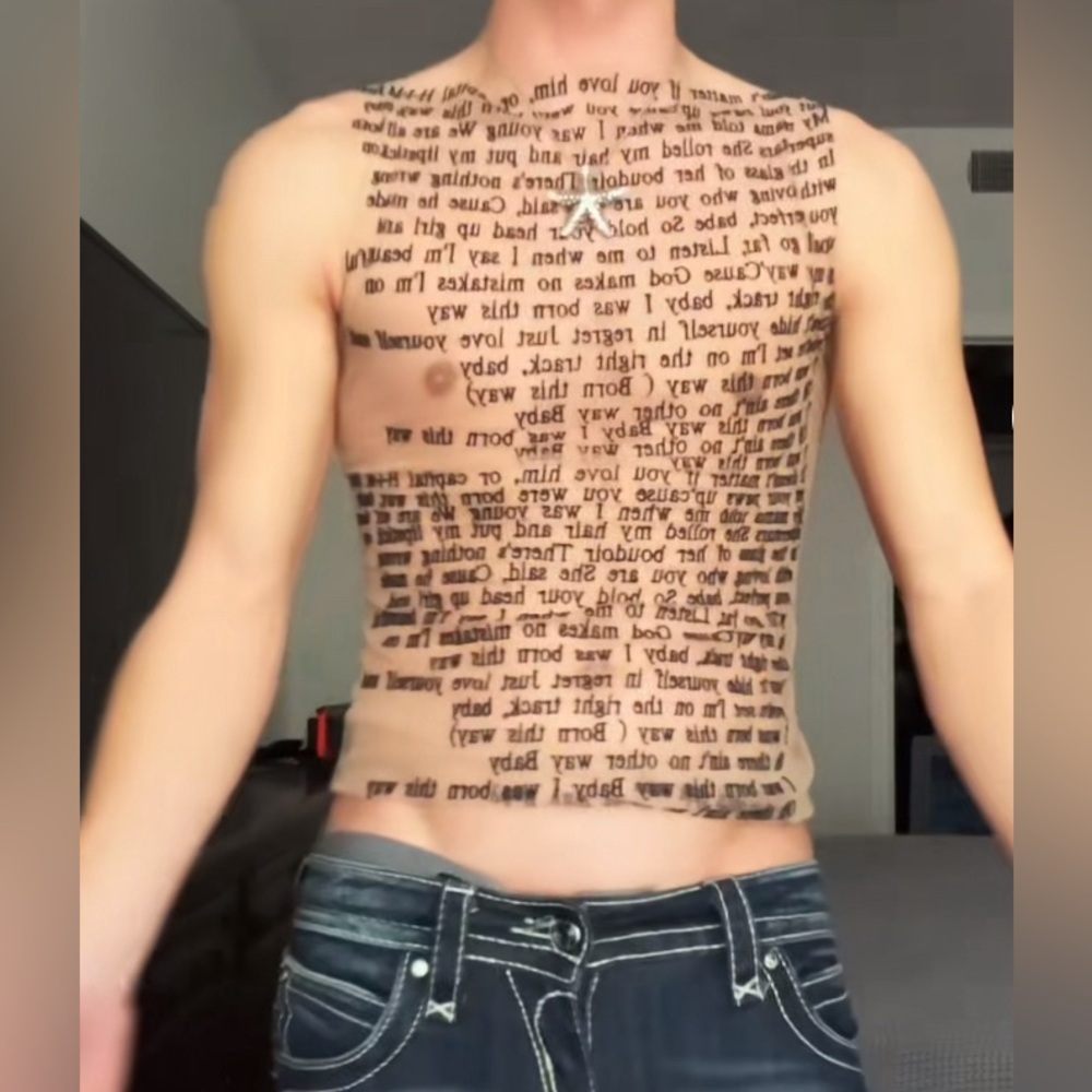 New Lady Gaga Born This Way Lyrics Shirt Sheer Transparent Mesh Invisible Tank